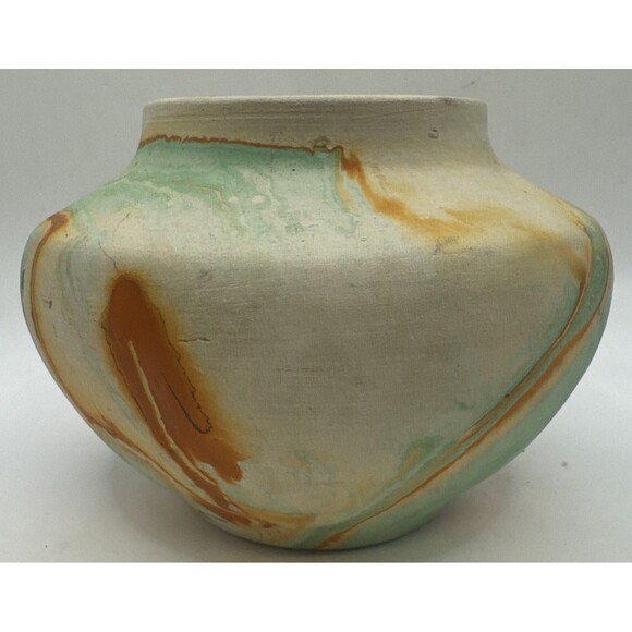 Vintage Nemadji Pottery Vase Green Orange Watercolor Swirled Indian Head Mark - Picture 3 of 6